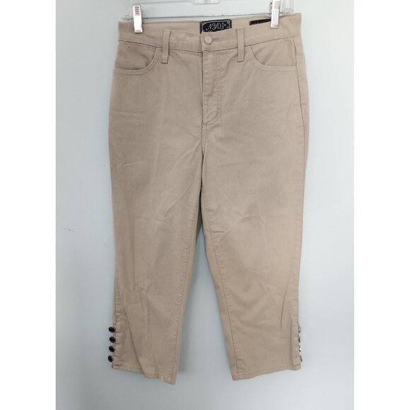 NYDJ Denim Capri Jeans Crop Cuff Buttons Stretch Tan Womens 8 Made in USA EUC - Picture 2 of 13